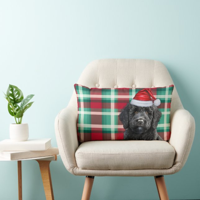 Dog Lover Christmas Labradoodle and Holiday Plaid Lumbar Pillow (Chair)