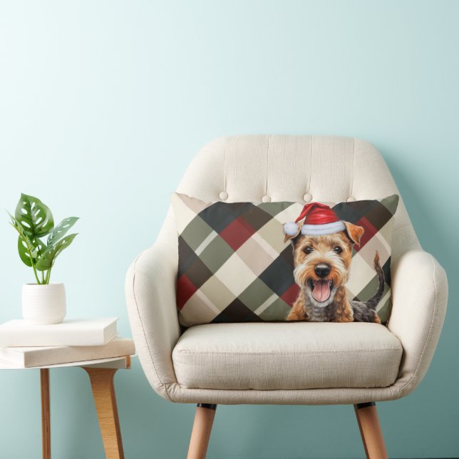 Dog Lover Christmas Lakeland Terrier Holiday Plaid Lumbar Pillow (Chair)