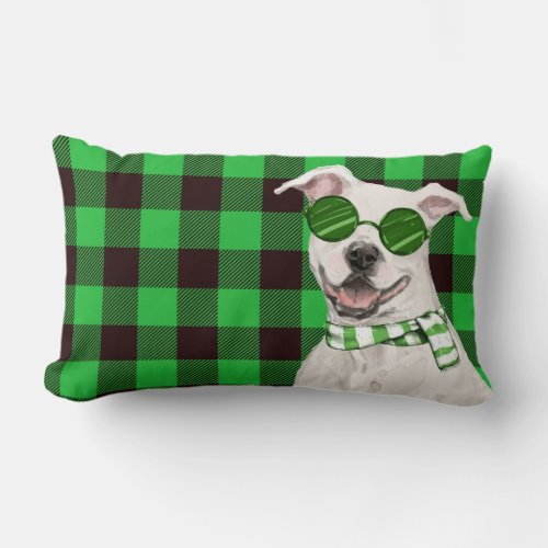 Dog Lover Christmas Pit Bull and Green Plaid Lumbar Pillow