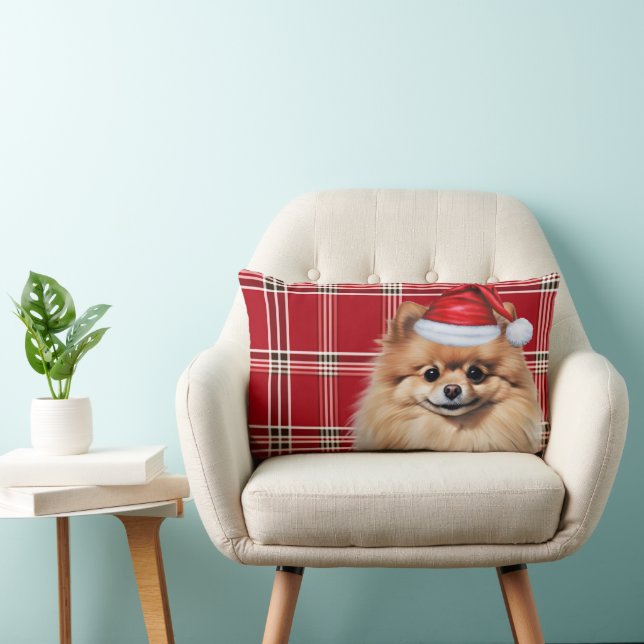 Dog Lover Christmas Pomeranian Holiday Plaid Lumbar Pillow (Chair)
