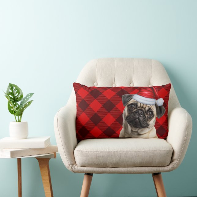 Dog Lover Christmas Pug Red Buffalo Holiday Plaid Lumbar Pillow (Chair)