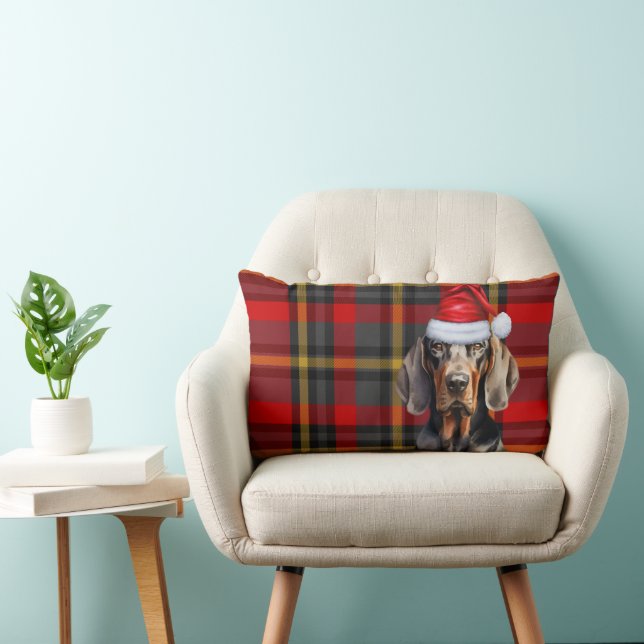Dog Lover Christmas Red Black Coonhound Plaid Lumbar Pillow (Chair)
