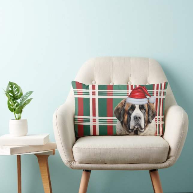 Dog Lover Christmas Saint Bernard Holiday Plaid Lumbar Pillow (Chair)