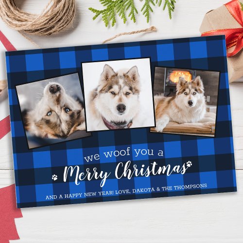 Dog Lover Custom 3 Pet Photo Blue Plaid Christmas Holiday Card