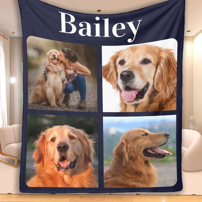 Dog Lover Custom 4 Photo Collage Monogram Fleece Blanket (Creator Uploaded)