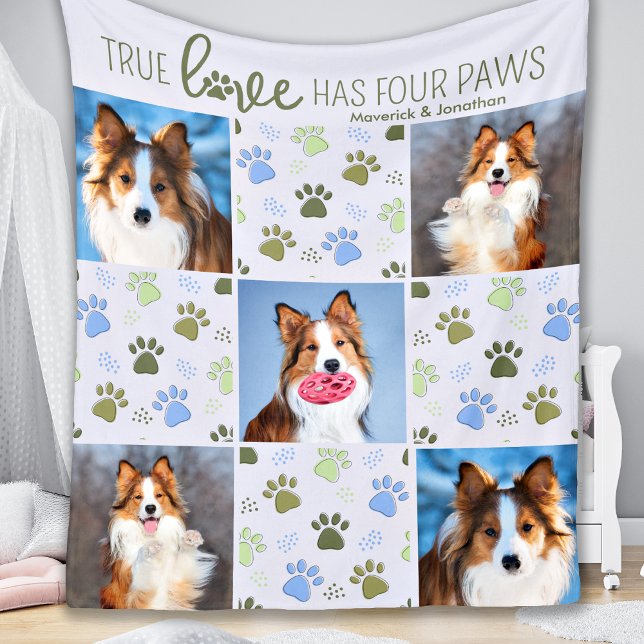 Dog Lover Custom 5 Pet Photo Retro Paw Prints Fleece Blanket (Creator Uploaded)