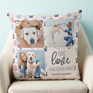 Dog Lover Customized 3 Photo Pastel Paw Print Throw Pillow