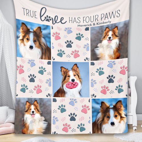 Dog Lover Customized 5 Photo Pastel Paw Print  Fleece Blanket