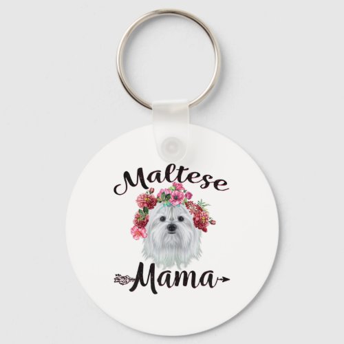 Dog Lover  Cute Maltese Mama Dog Flowers Florals Keychain