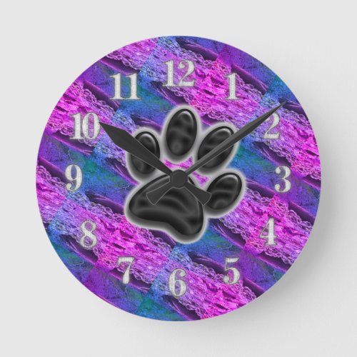 Dog Lover Diagonal Stripes Blue Purple Paw Print Round Clock