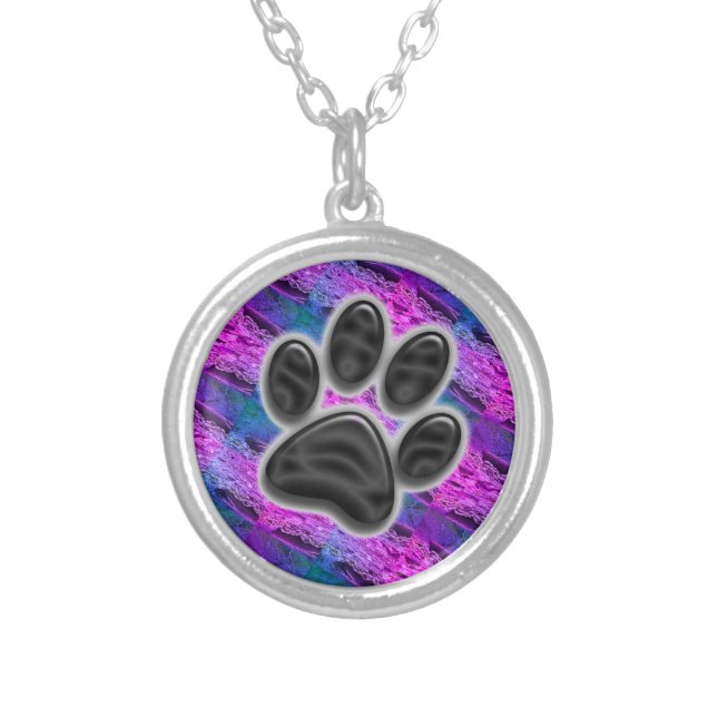Dog Lover Diagonal Stripes Blue Purple Paw Print Silver Plated Necklace (Front)