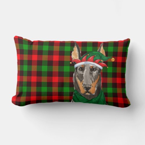 Dog Lover Doberman Red and Green Plaid Christmas Lumbar Pillow