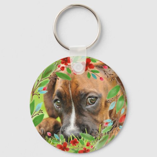 Dog Lover Family Pet Boxer with Flower Wreath Keychain