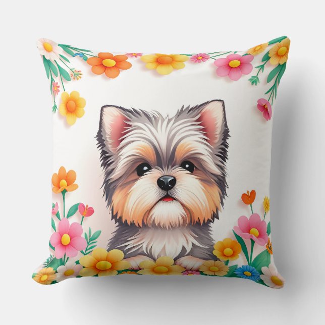 Dog Lover Gift Floral Dog Throw Pillow (Front)