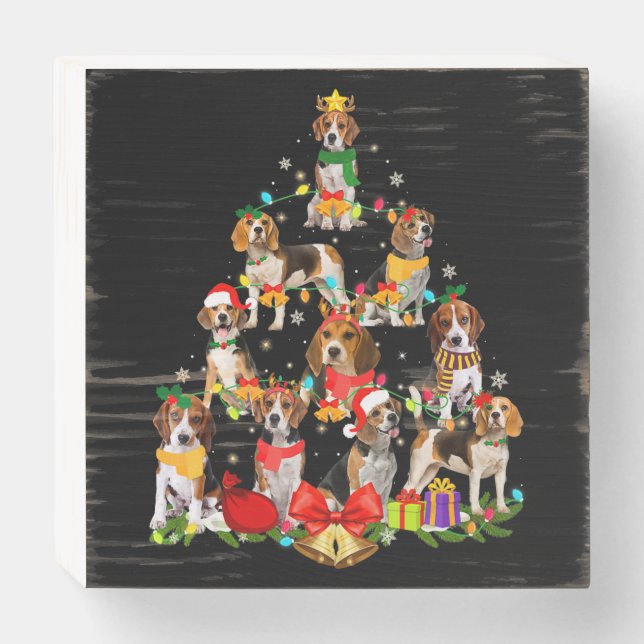 Dog Lover Gifts Beagle Tree Christmas Light Wooden Box Sign (Front Horizontal)