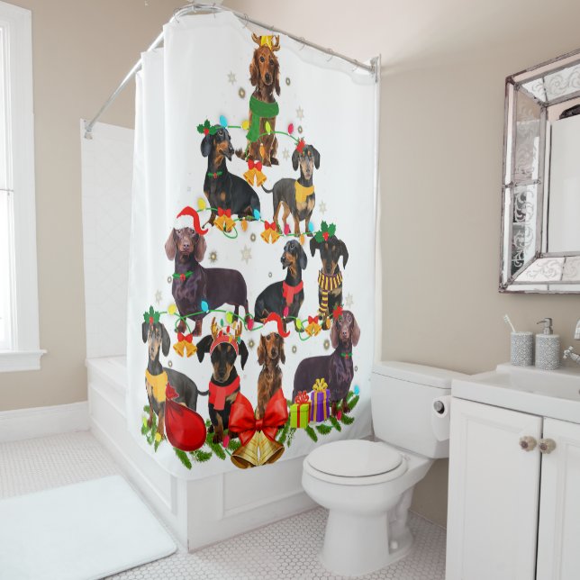 Dog Lover Gifts Dachshund Tree Christmas Light Shower Curtain (In Situ)