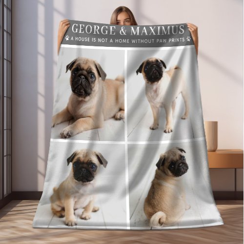 Dog Lover Gray Personalized Dog Name Photo Collage Fleece Blanket