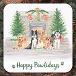 Dog Lover Happy Pawlidays Christmas Square Sticker<br><div class="desc">Send christmas greetings this holiday season with this cute dogs, cats, puppies and kittens in a watercolor design. This animal lover holiday sticker features dogs, yellow labrador retriever, border collie, golden retriever, pomeranian, beagle and a husky malamute a fireplace scene with holiday trees, stockings and presents. This dog cat pet...</div>