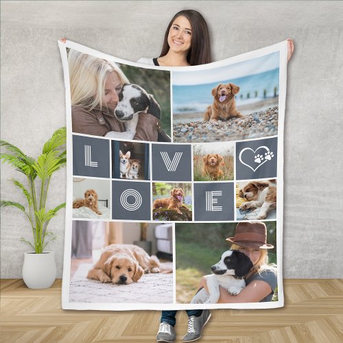 Dog Lover Heart Love Photo Collage Fleece Blanket