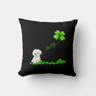 Dog Lover Irish Shamrock Lucky With Cute Maltese Throw Pillow