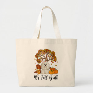 Dog Lover Maltese It's Fall Y'all Pumpkin Autumn Large Tote Bag