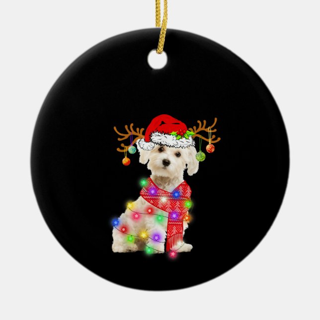 Dog Lover | Maltese Santa Hat Xmas Fairy Light Ceramic Ornament (Front)