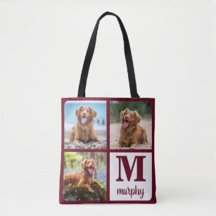 Dog Lover Modern Monogram Personalized 3 Pet Photo Tote Bag