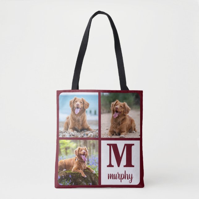 Dog Lover Modern Monogram Personalized 3 Pet Photo Tote Bag (Front)