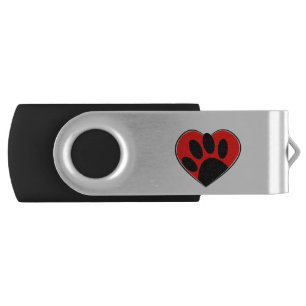 Dog Lover Paw Print And Red Heart Flash Drive