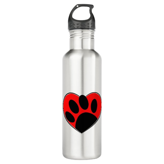 Dog Lover Paw Print And Red Heart Stainless Steel Water Bottle (Front)
