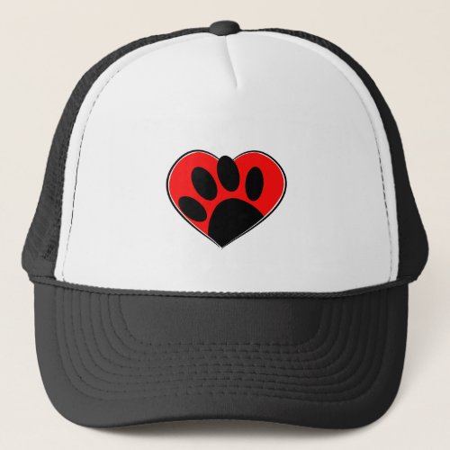 Dog Lover Paw Print And Red Heart Trucker Hat