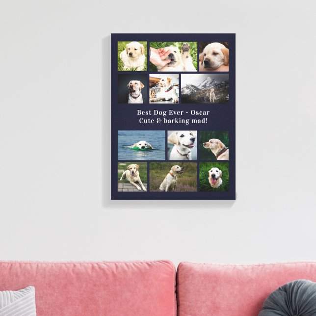 Dog Lover Personalized Pet Photo Collage Navy Blue Canvas Print (12 photo pet canvas )