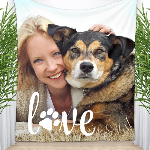 Dog Lover Personalized Pet Photo LOVE Paw Print Fleece Blanket