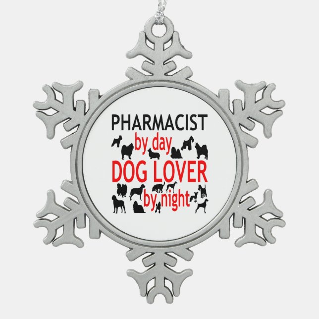 Dog Lover Pharmacist in Red Snowflake Pewter Christmas Ornament (Front)