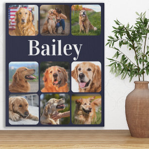Dog Lover Photo Collage Personalized Navy Blue Faux Canvas Print