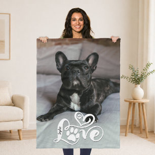 Dog Lover Photo LOVE Paw Print Name Fleece Blanket