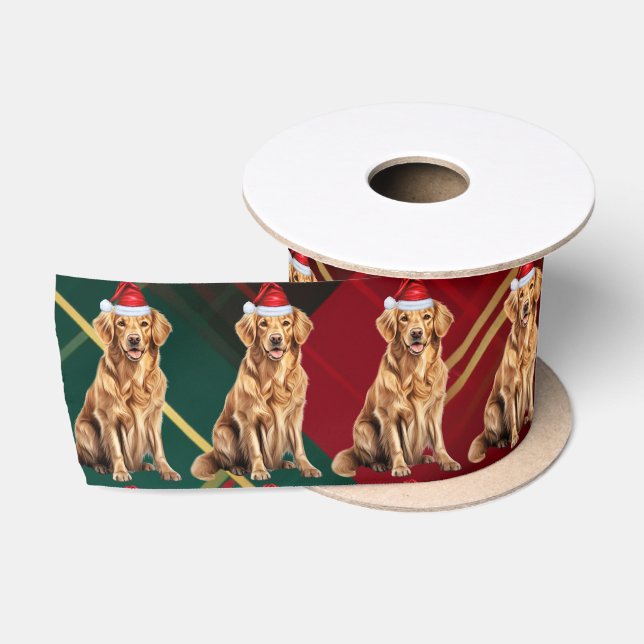 Dog Lover Plaid and Golden Retriever Christmas Satin Ribbon (Spool)