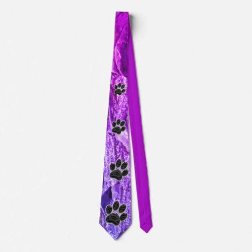 Dog Lover Purple Abstract Black Puppy Paw Print Neck Tie