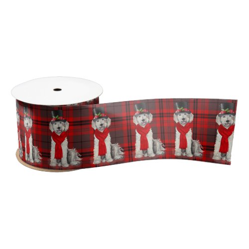 Dog Lover Yellow Labradoodle Plaid Christmas Satin Ribbon