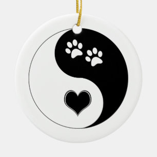 Dog Lover Yin Yang Heart and Paw Prints Ceramic Ornament