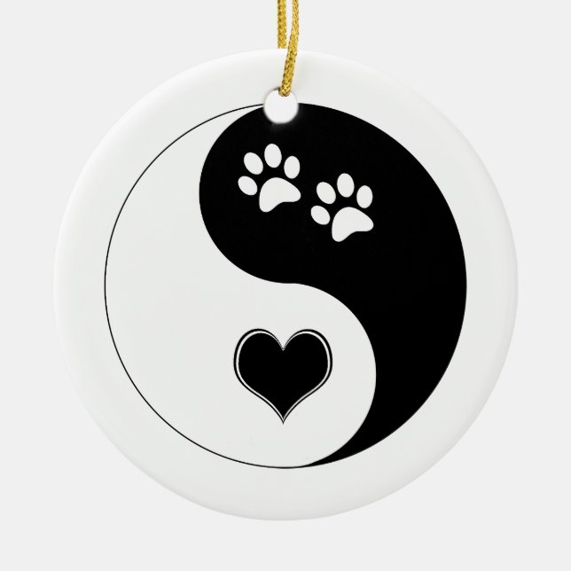 Dog Lover Yin Yang Heart and Paw Prints Ceramic Ornament (Front)