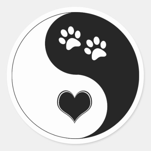 Dog Lover Yin Yang Heart Paw Prints Classic Round Sticker