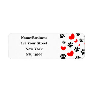 Dog Lovers Black Paw Prints Red Hearts Editable Label
