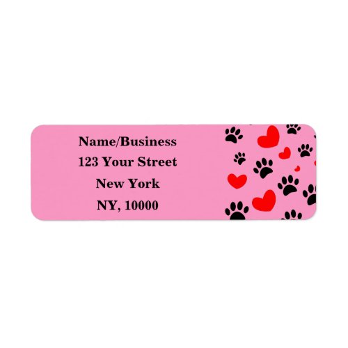 Dog Lovers Black Paw Prints Red Hearts Pattern Label