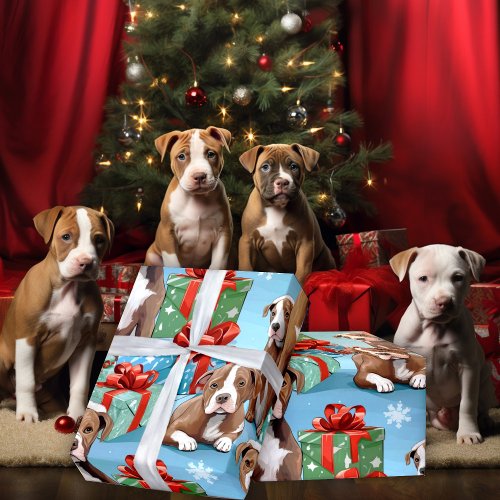 Dog Lovers Christmas Cartoon PitBull Pups Wrapping Paper