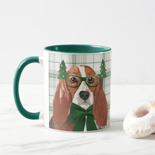 Dog Lovers Green Plaid and Basset Hound Holiday Mug