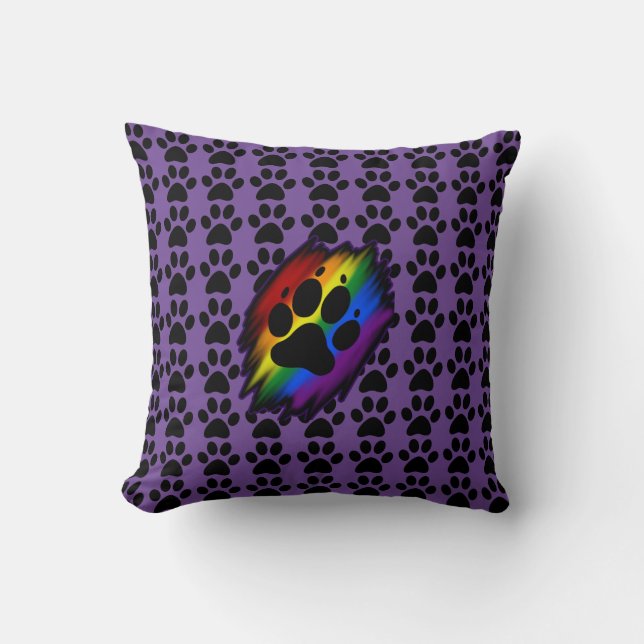 Dog lover's many paws rainbow pawprint purple throw pillow (Front)