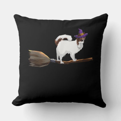 Dog Lovers  Papillon Witch On Broom Halloween Throw Pillow