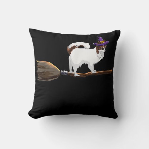 Dog Lovers  Papillon Witch On Broom Halloween Throw Pillow