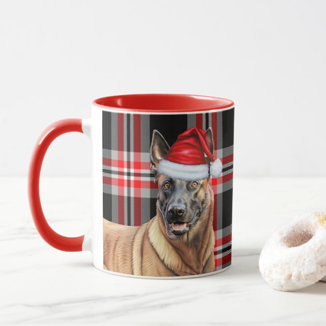 Dog Lover's Red Plaid Belgian Malinois Holiday Mug (With Donut)